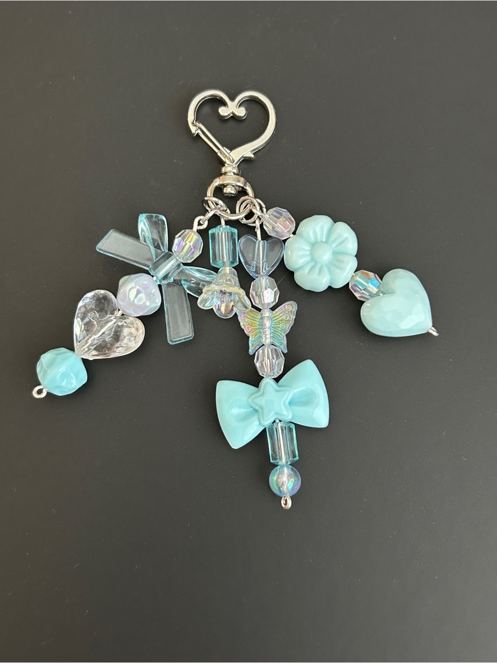 Heart & Bow Charm Keychain - Aqua Blue